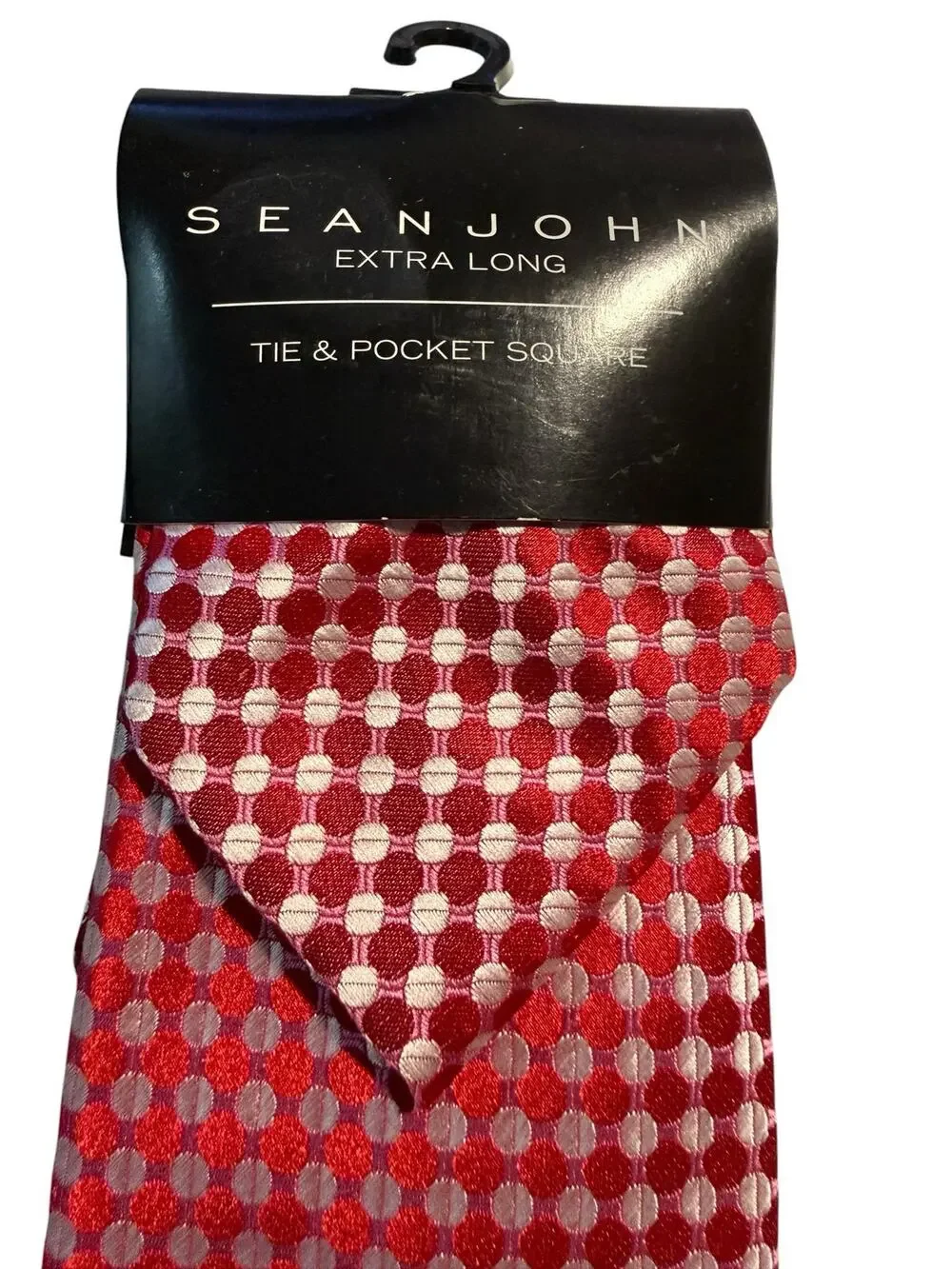 Sean John Extra Long Tie & Pocket Square Set, Red Polka Dot Silk Look, NWT
